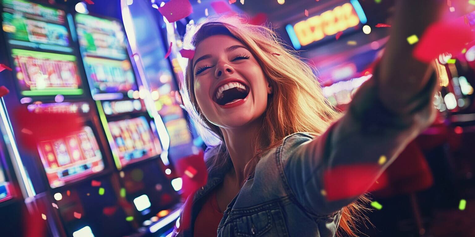 Young woman celebrating her big win at PK999 casino, surrounded by confetti and a digital screen displaying bonus promotions.