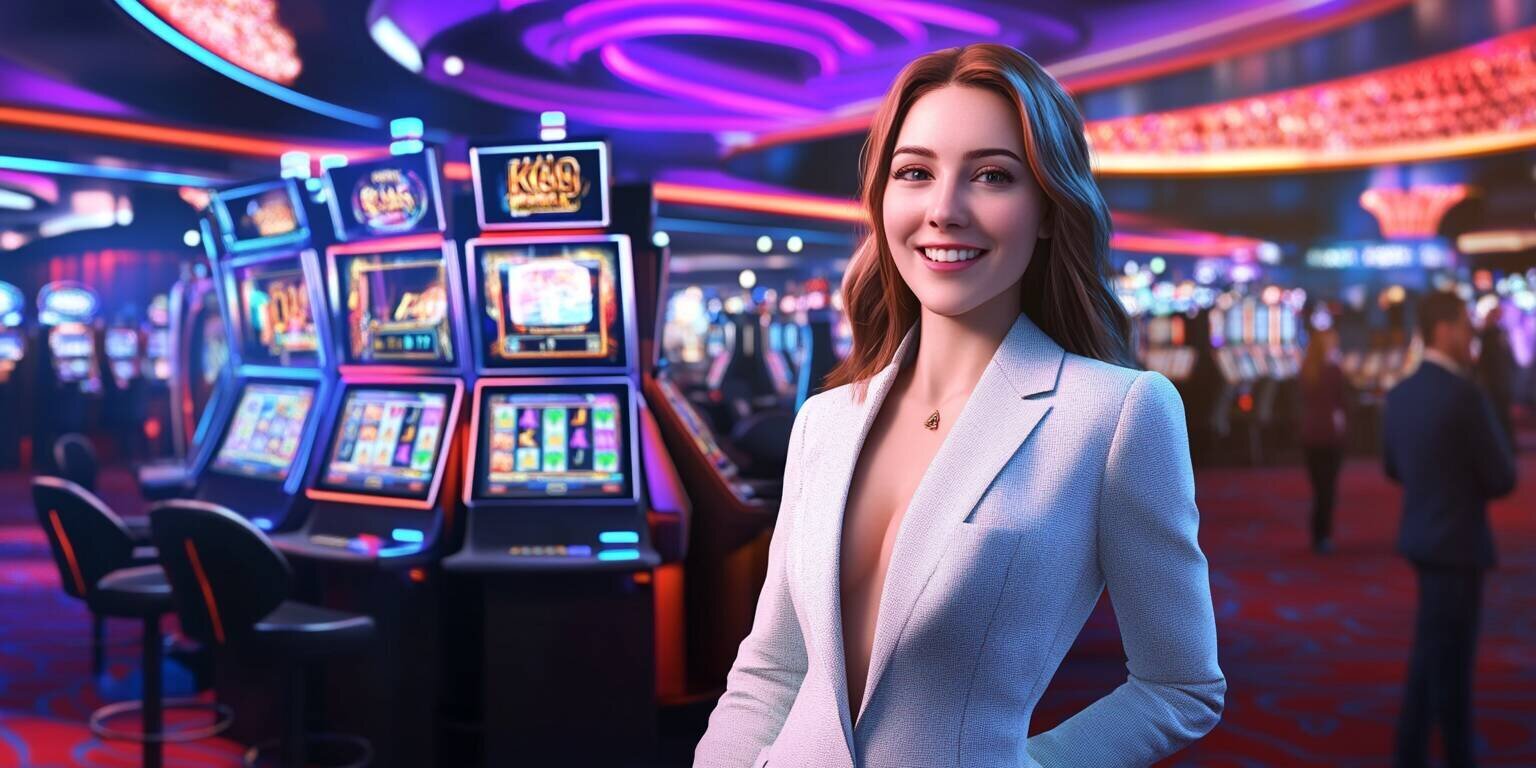 Young woman standing in the vibrant PK999 casino lobby, surrounded by slot machines and eager players.