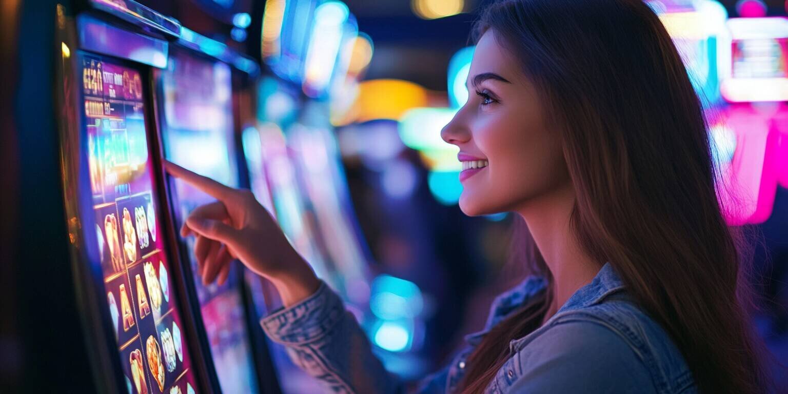 Excited young woman showcasing promotional offers at PK999 casino.